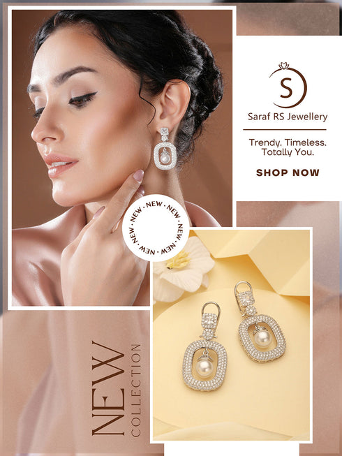 Silver Plated AD Studded Geometric Link Pearl Charm Dangling Earrings