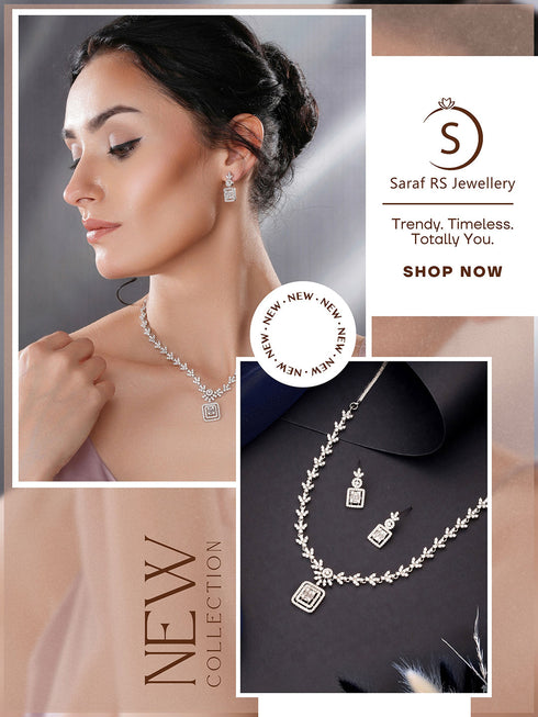 White Rhodium Cubic Zircon Studded Delicate Square Pendant Necklace Jewellery Set