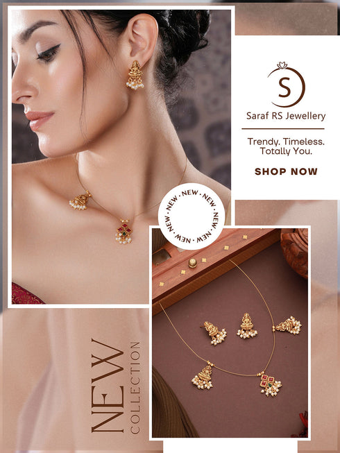 Gold Plated Pearl Beaded Invisible Chain Temple Goddess Lakshmi Motif Pendant Jewellery Set