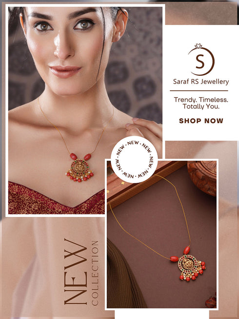 Gold Plated Coral Beaded Temple Lakshmiji Minimal Invisible Necklace & Chain