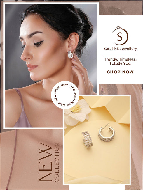 White Rhodium AD Studded C Shaped Minimal Bali Studds Earrings