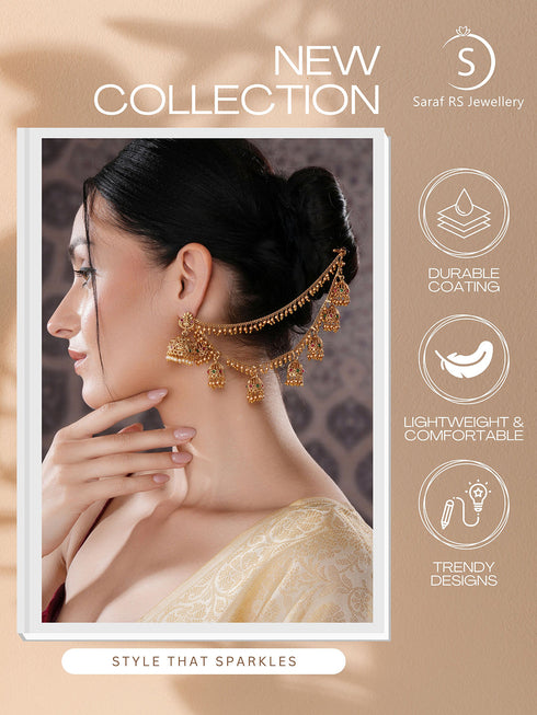 Gold Plated Double Layered Pearls Matil Jhumka Design Champaswaralu Temple Ear Chain Earrings