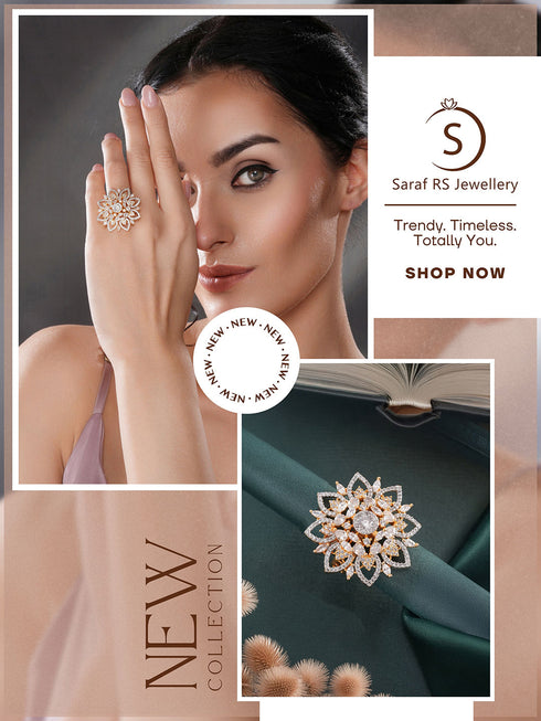 Gold Plated Zircon Studded 3 D Effect Adjustable Floral Engagement Cocktail Finger Ring