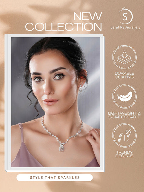 White Rhodium Cubic Zircon Studded Delicate Square Pendant Necklace Jewellery Set