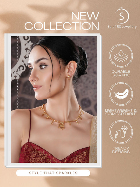 Gold Plated Gold Beads Delicate Temple Goddess Lakshmi Pendant Minimal Jewellery Set