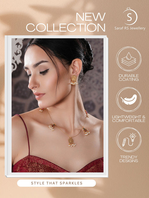 Gold Plated Pearl Beaded Invisible Chain Temple Lakshmi Motif Pendant Jewellery Set