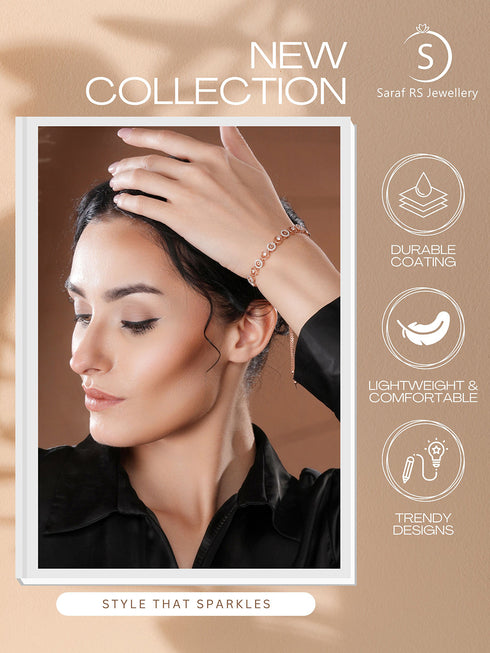 Rose Gold Toned Zircon Embellished Circular Link Adjustable Pull Chain Slider Bracelet