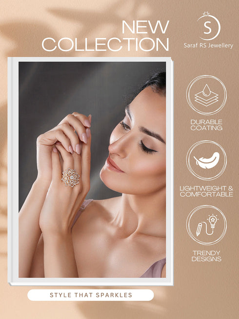Gold Plated Zircon Studded 3 D Effect Adjustable Floral Engagement Cocktail Finger Ring