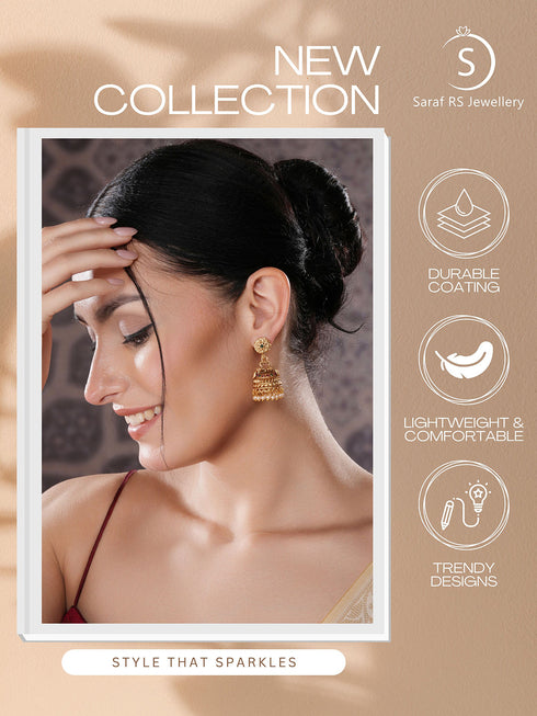 Gold Finish Green Kempo Studded Peacock Design Temple Jhumka Earrings