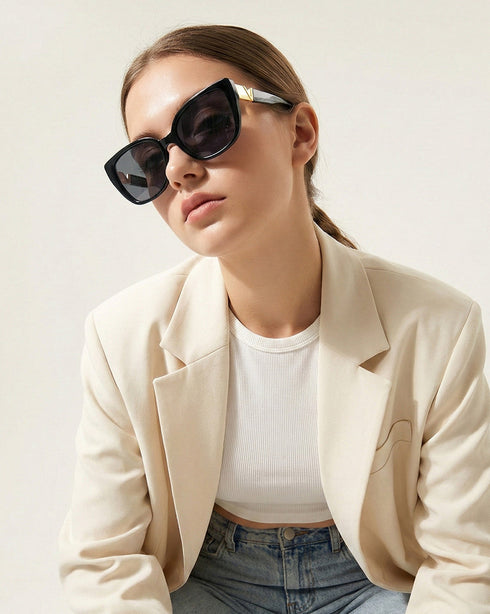 Women UV Protected Black Lens Grey and Gold Toned Rectangle Sunglasses