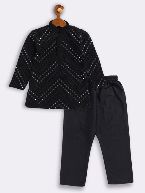 Sishu Boy's' Black Mirror Work Kurta Pyjama Set
