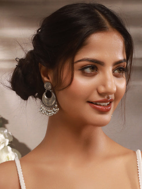 Oxidised Silver Lookalike Pearl Beaded Tribal Lightweight Chandbali Earrings