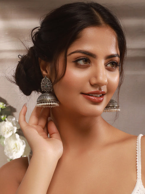 Silver Oxidised Pearl Beaded Filigree Tribal Large Jhumka Earrings