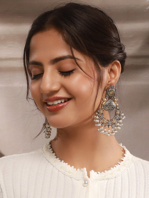 Silver Oxidised Dual Toned Pearl Beaded Floral Filigree Statement Chandbali Earrings