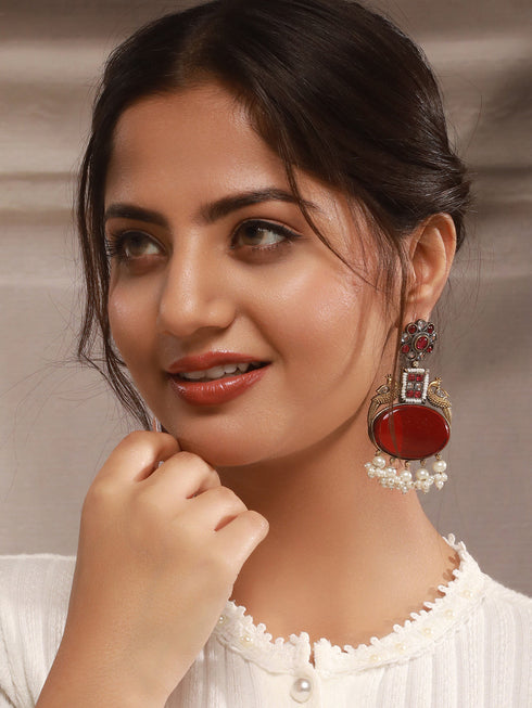 Silver Oxidised Dual Toned Red Stone & Pearl Beaded Peacocok Boho Statement Earrings