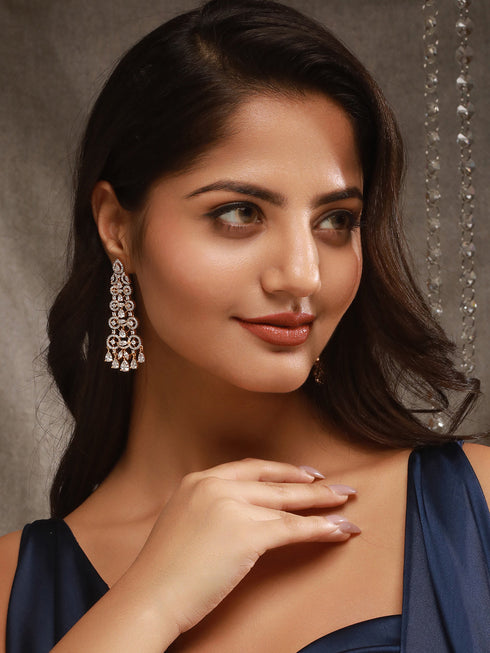 Gold Toned AD Zircon Studded Designer Dangler Partywear Earrings