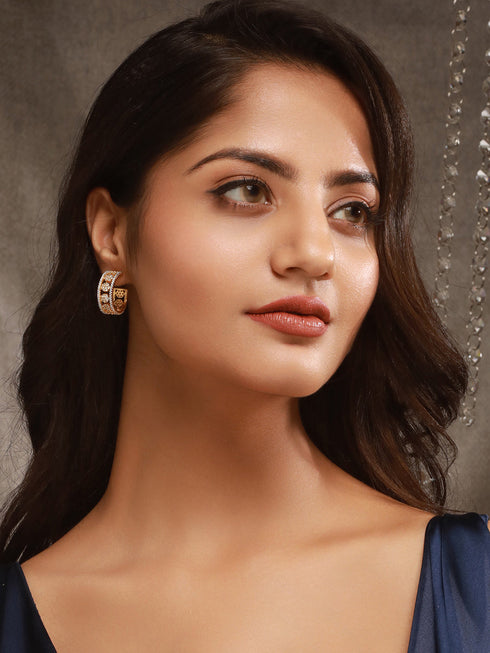Gold Toned AD Zircon Studded C - Bali Hoop earrings