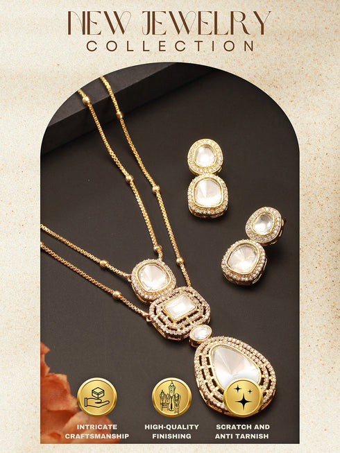 Gold Plated White Victorian Kundan Polki Studded Festive Minimal Pendant Chain Jewellery Set