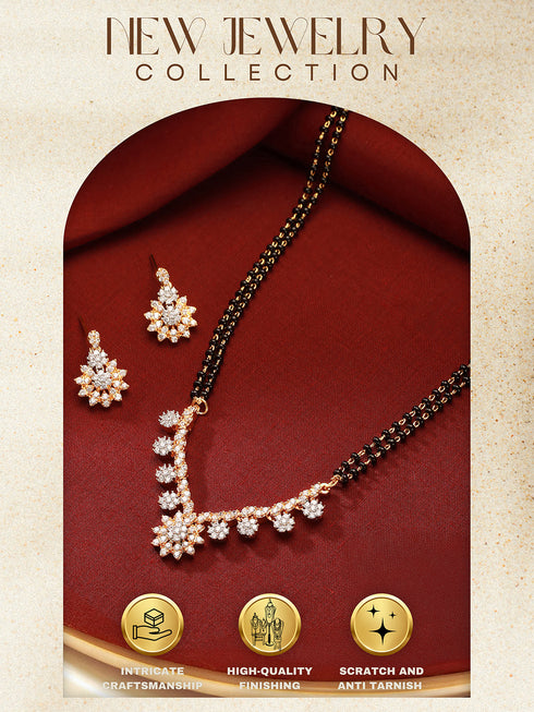 Gold Toned AD Studded Black Beads Studded Designer Floral Mangalsutra Jewellery Set