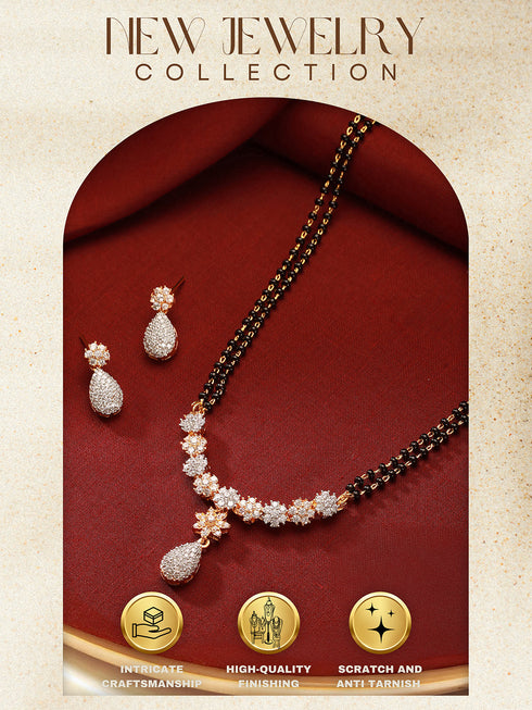 Gold Toned AD Studded Black Beads Studded Designer Solitaire Type Mangalsutra Jewellery Set