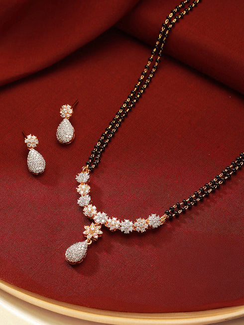 Gold Toned AD Studded Black Beads Studded Designer Solitaire Type Mangalsutra Jewellery Set