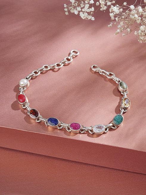 925 Silver Navratna Natural Gemstones Studded Handmade Minimal Delicate Charms Adjustable Bracelet