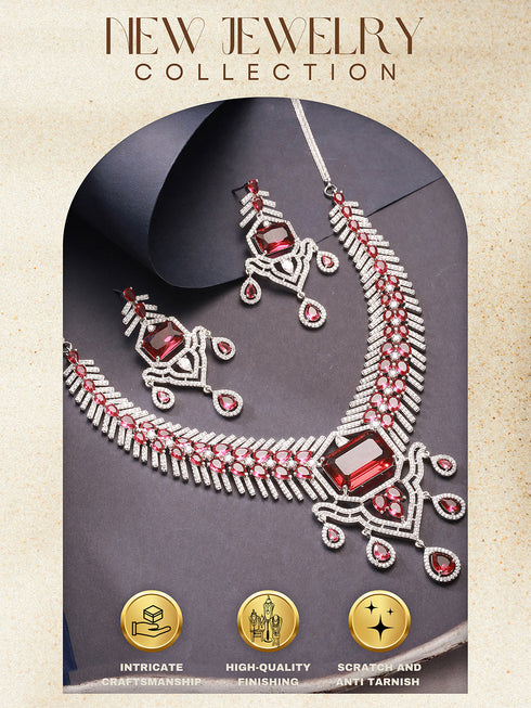 Silver Plated Ruby Red AD Studded Statement Royal Necklace Jewellery Set