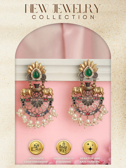 Antique Gold Oxidised Emerald Green Stone & Pearl Beaded Nandi Motif Tribal Contemporary Chandbali Dangler Earrings