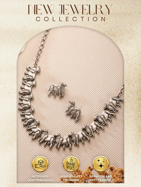 Oxidised Silver Toned Statement Tribal Nandi Choker Jewellery Set