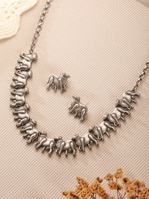 Oxidised Silver Toned Statement Tribal Nandi Choker Jewellery Set