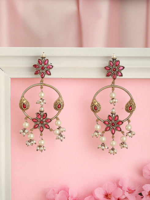 Antique Gold-Toned Pink Stones With Pearl Drop Floral Hoop Contemporary Earrings