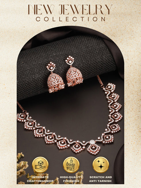 Rose Gold AD Studded Statement Designer With Classic Jhumka Earrings Necklace Jewellery Set