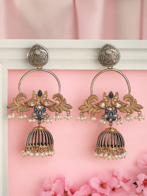 Oxidised Dual Toned Pearl Beaded Floral Peacock Design Contemporary Hoop Jhumka Earrings