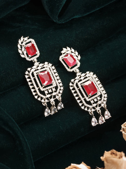 Silver Toned Red Ruby Studded Elegant Cocktail Drop Earrings