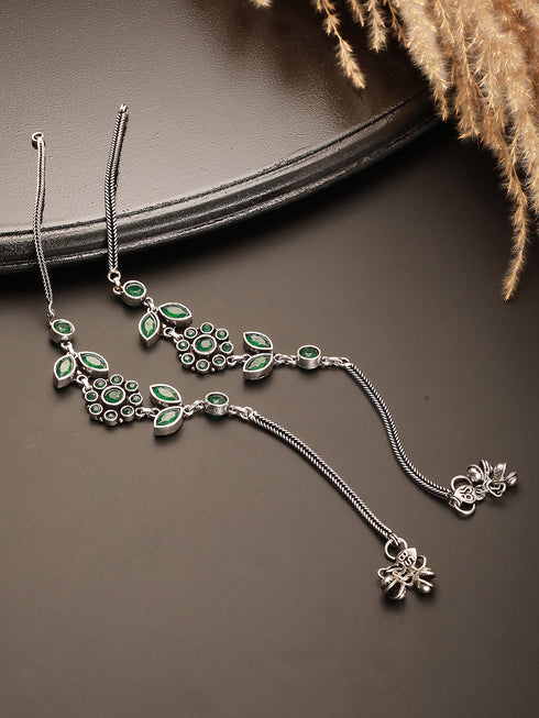 Set of 2 Silver Oxidised Green Stone Studded Trendy Floral Minimal Bridal Dailywear Anklet Payal