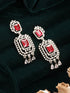 Silver Toned Red Ruby Studded Elegant Cocktail Drop Earrings