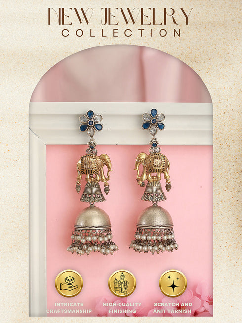 Oxidised Silver Toned Pearl Beaded Floral Elephant Design Contemporary Dangler Jhumka Earrings