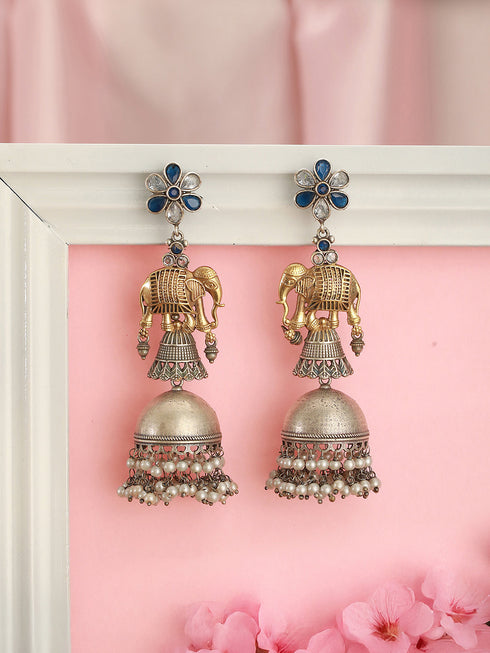 Oxidised Silver Toned Pearl Beaded Floral Elephant Design Contemporary Dangler Jhumka Earrings