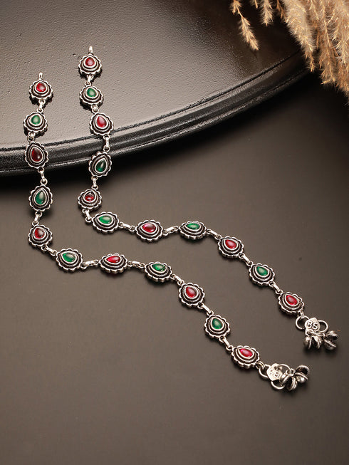 Set of 2 Silver Oxidised Ruby Red & Green Stone Studded Minimal Bridal Dailywear Anklet Payal