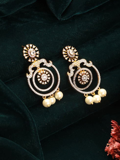Gold Toned Cubic Zirconia & Pearl Beaded Designer Chandelier Chandbali Drop Earrings