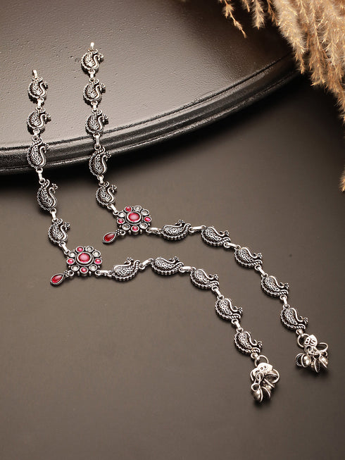 Set of 2 Silver Oxidised Ruby Red Stone Studded Peacock & Flower Minimal Dailywear Anklet Payal