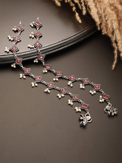 Set of 2 Silver Oxidised Ruby Red Stone Studded Minimal Dailywear Anklet Payal