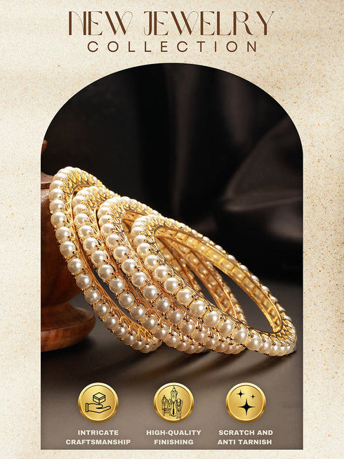 Set Of 4 Gold Polish Pearl Beaded Partywear Bangles