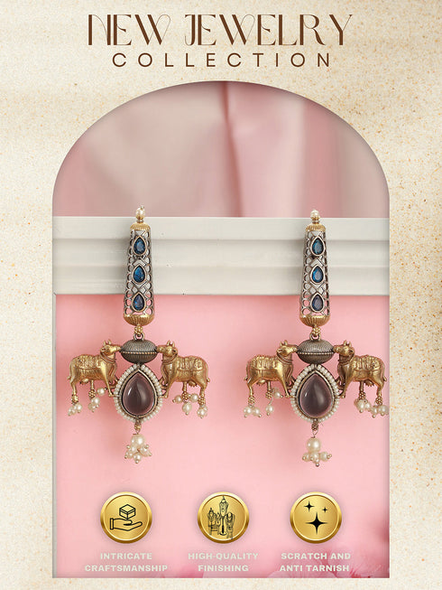 Oxidised Silver Plated Dual Plated Turquoise Blue Pearl Beaded Bull Motif Contemporary Dangle Earrings