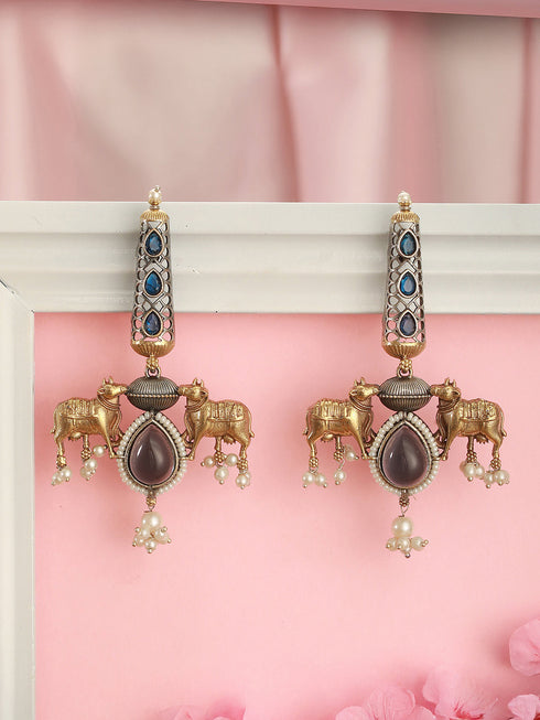 Oxidised Silver Plated Dual Plated Turquoise Blue Pearl Beaded Bull Motif Contemporary Dangle Earrings
