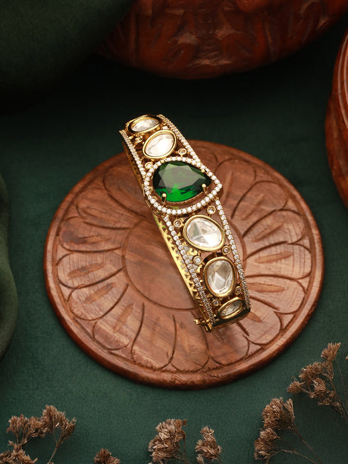 Gold Polish Green Emerald Kundan Mossanaite Studded Tilak Shaped Openable Kada Bracelet