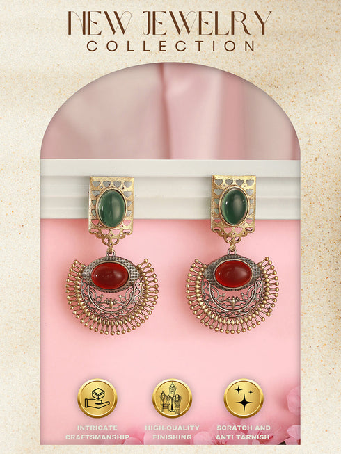Antique Gold-Toned Dual Red & Green Stone Engraved Handcrafted Dangler Earrings