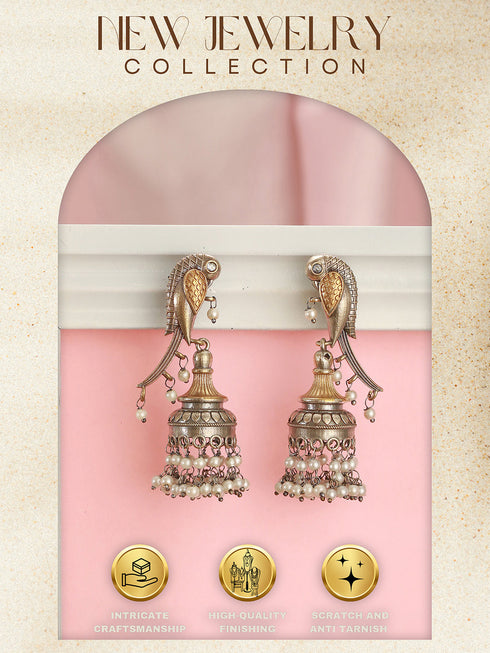 Antique Gold-Toned Parrot Motif Pearl Beaded Handcrafted Jhumka Earrings