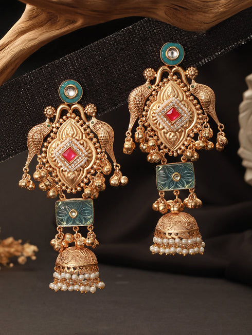 Gold Toned Kundan Studded Lightweight Bird Motif Statement Bridal Jhumka Earrings