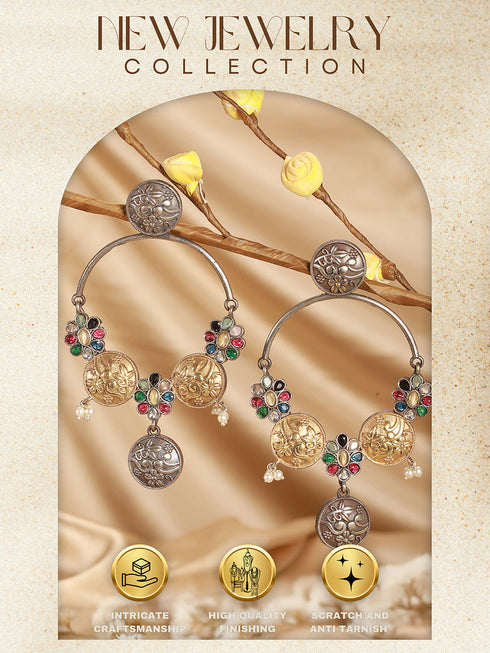 Oxidised Dual Toned Red Stone Pearl Beaded Handcrafted Floral Filigree large Hoop Chandbali Earrings